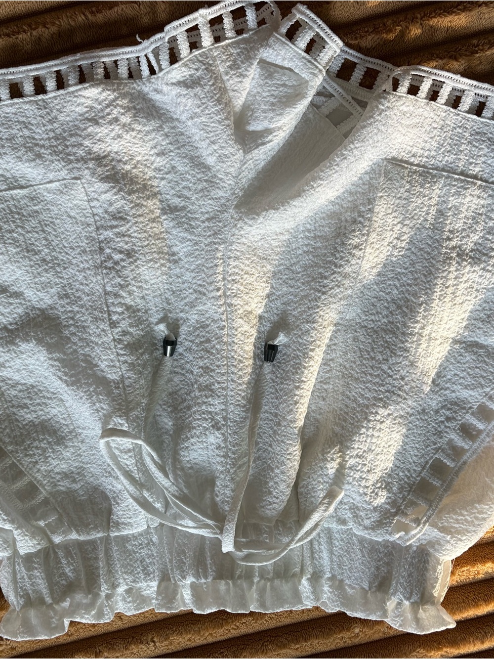 High Waist White Textured Women’s Shorts with Drawstring